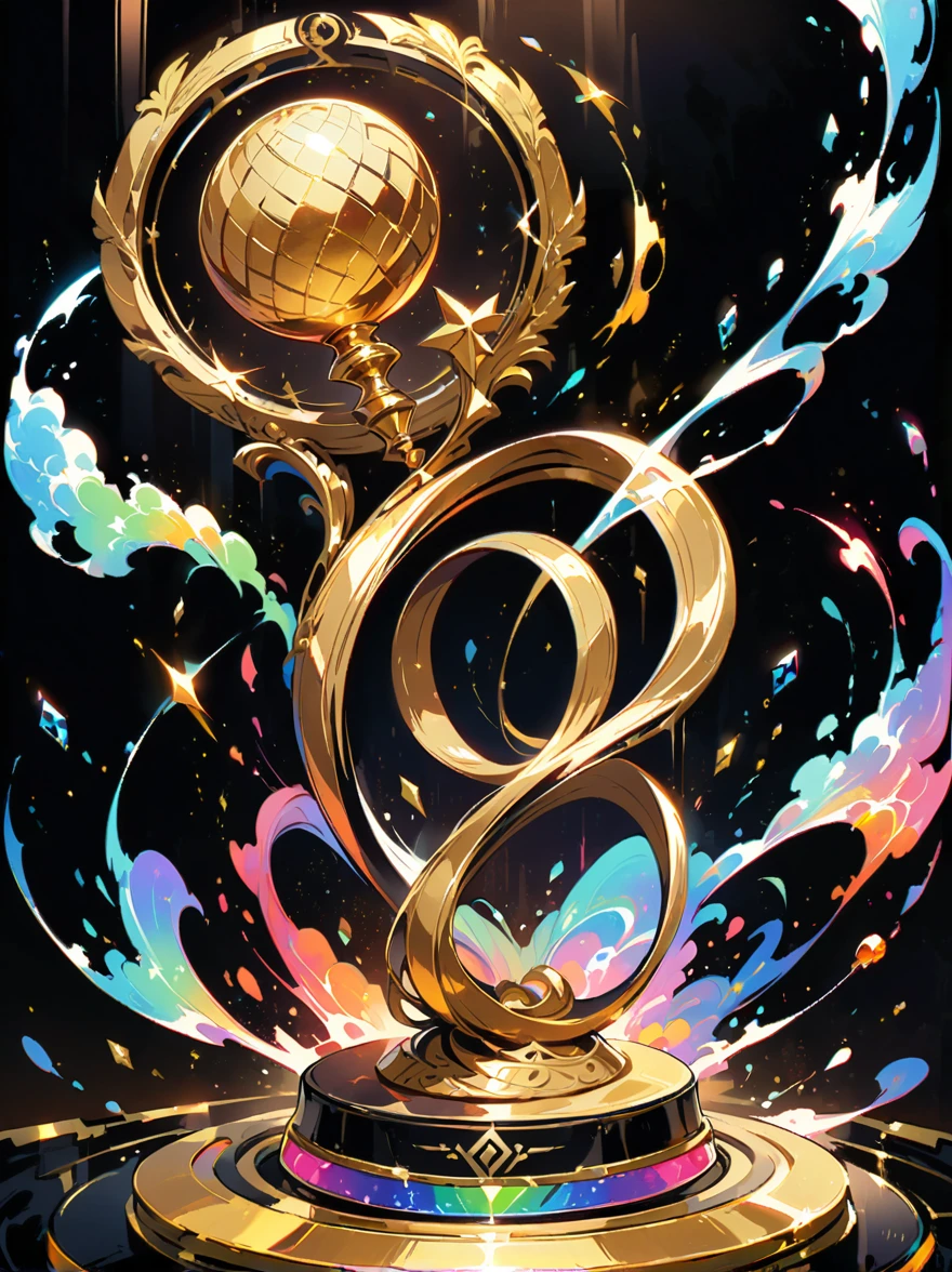 best quality, very good, 16K, Golden trophies, Shiny gold plated, Twisted, Luxurious and cool design, Displayed on a rainbow crystal base, Background translucent black room, Light Up
