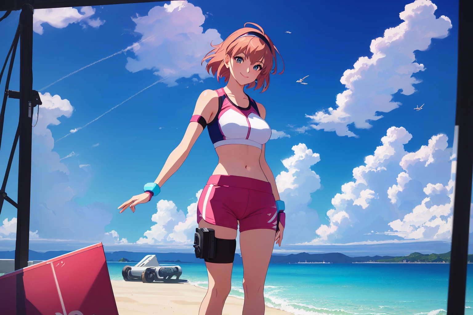 (perfect composition),imagined a girl in extreme sport outfit playing to a flying disc game in a beach arena game sport, masterpiece, ultra-detailed, 80's anime (style), 2D, megapixel, perfectionism, full HD , 4K, (windjammers), windjammers sport game, windjammers 2 (((((solo mature anime woman,)))))++++++++++++++++++, looking at viewer, full body, brown hair and pink hair, short hair, weird hair, smile, lips, eyelashes, medium breasts, gym uniform, uniform, gym shorts, headband, sports bra, elbow pad, knee pad, extreme sports outfit 80's theme, beach background, playing flying disc game on a beach court game, sea, sun in the sky, sports wear