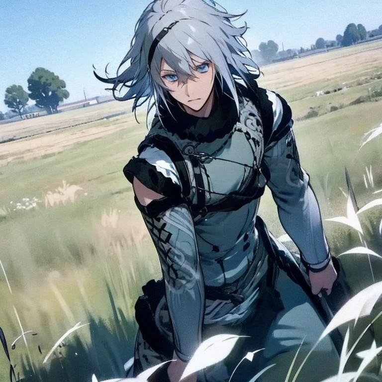 1 person. Adult.  Gray Hair.  blue eyes.  In the Field 