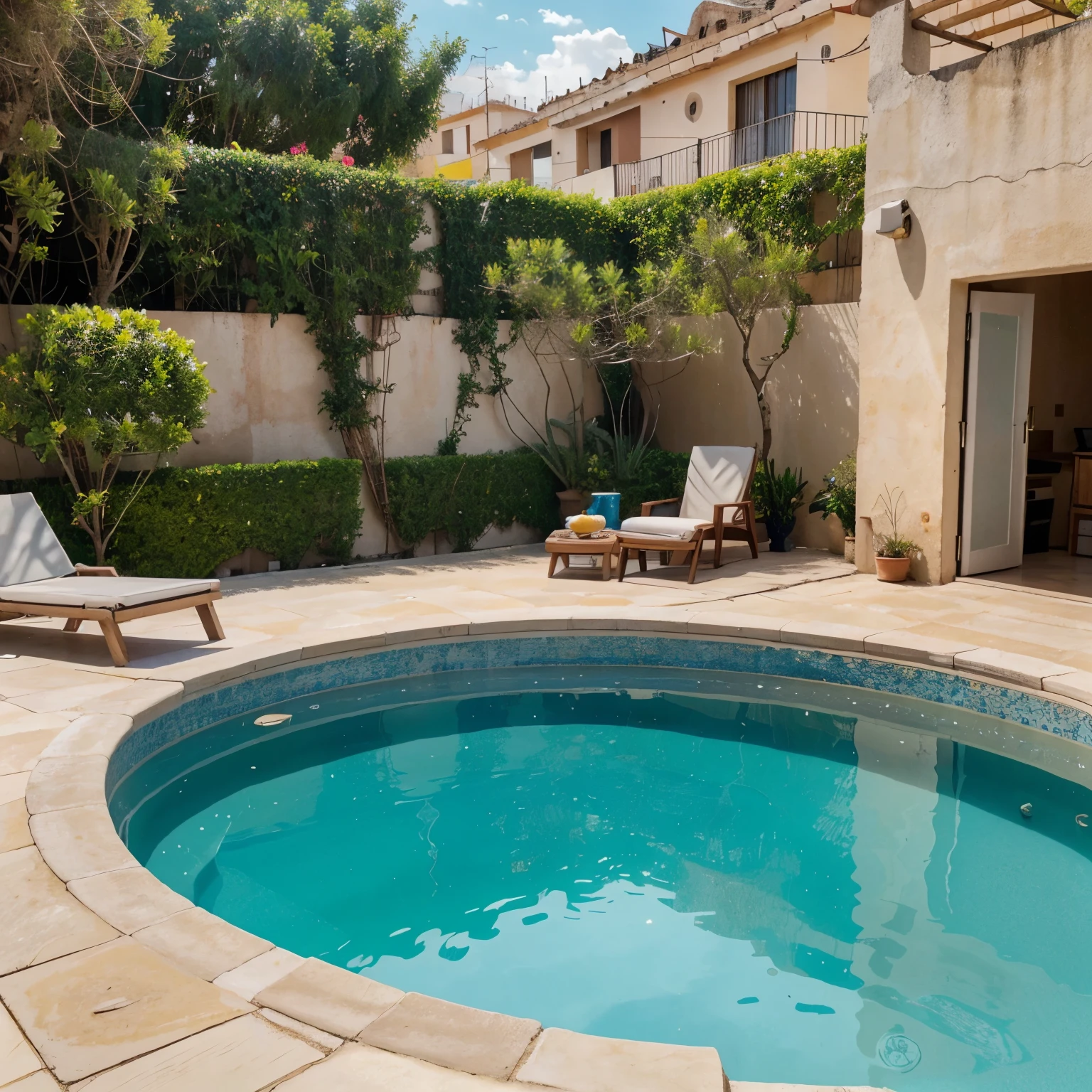 

***La piscina estaba en mitad de toda la zona de ocio y el patio, se observaba como algo lujoso, adornada con algunos lujos y detalles en oro.***

