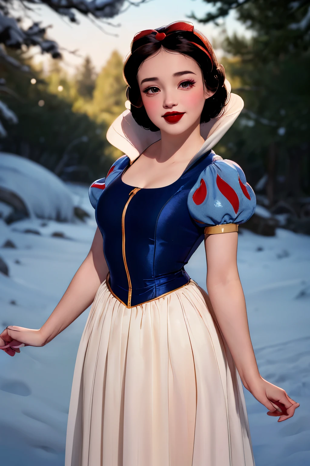 snow white,
(highest quality, masterpiece, RAW Photos,Very detailed:1.2), One girl,alone,View your viewers, smile, Black Hair, dress, bow, Brown eyes, hair bow, hair band, Puffy sleeves, sign, red bow, eyelash, compensate, blue dress, lipstick, red hair band, Red lips