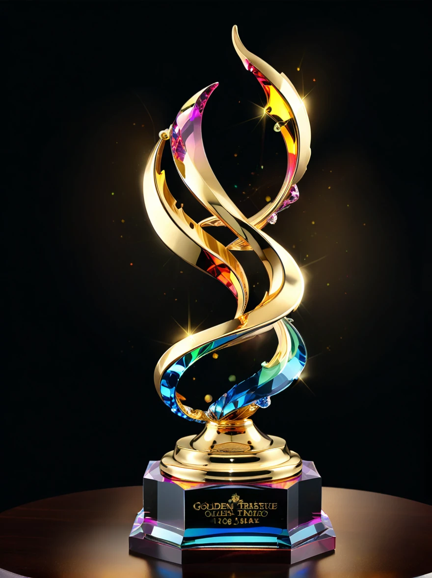 best quality, very good, 16K, Golden trophies, Shiny gold plated, Twisted, Luxurious and cool design, Displayed on a rainbow crystal base, Background translucent black room, Light Up