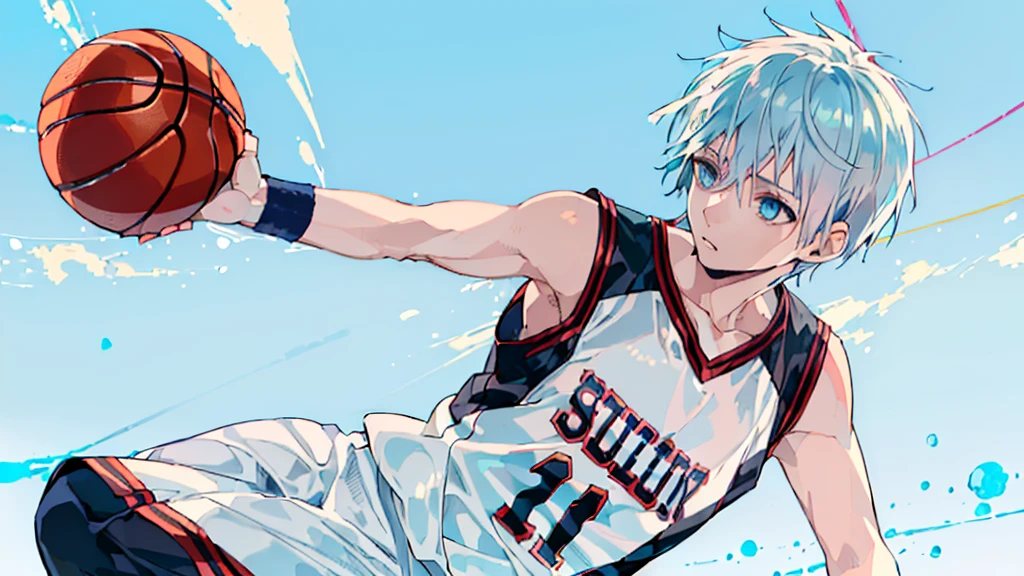 ((highest quality, super detailed,detailed eyes:1.3)),(((total 1 boy:1.2))),cool face,light blue hair,short,hair,light blue eyes,kuroko tetsuya,(basketball uniform:1.2),(aqua blue aura background:1.2),(from side,cowboy shot,face focus,looking for viewer:1.1)