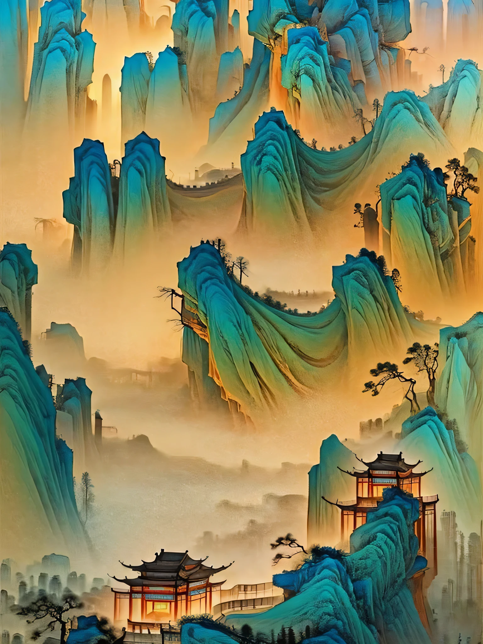 The famous Danxia Mountain is magnificent and spectacular. It is like a Chinese ink painting in the style of Zhang Daqian, with a large amount of blank space and a beige background. The colors are soft and detailed, depicted in a super high resolution of 32k.