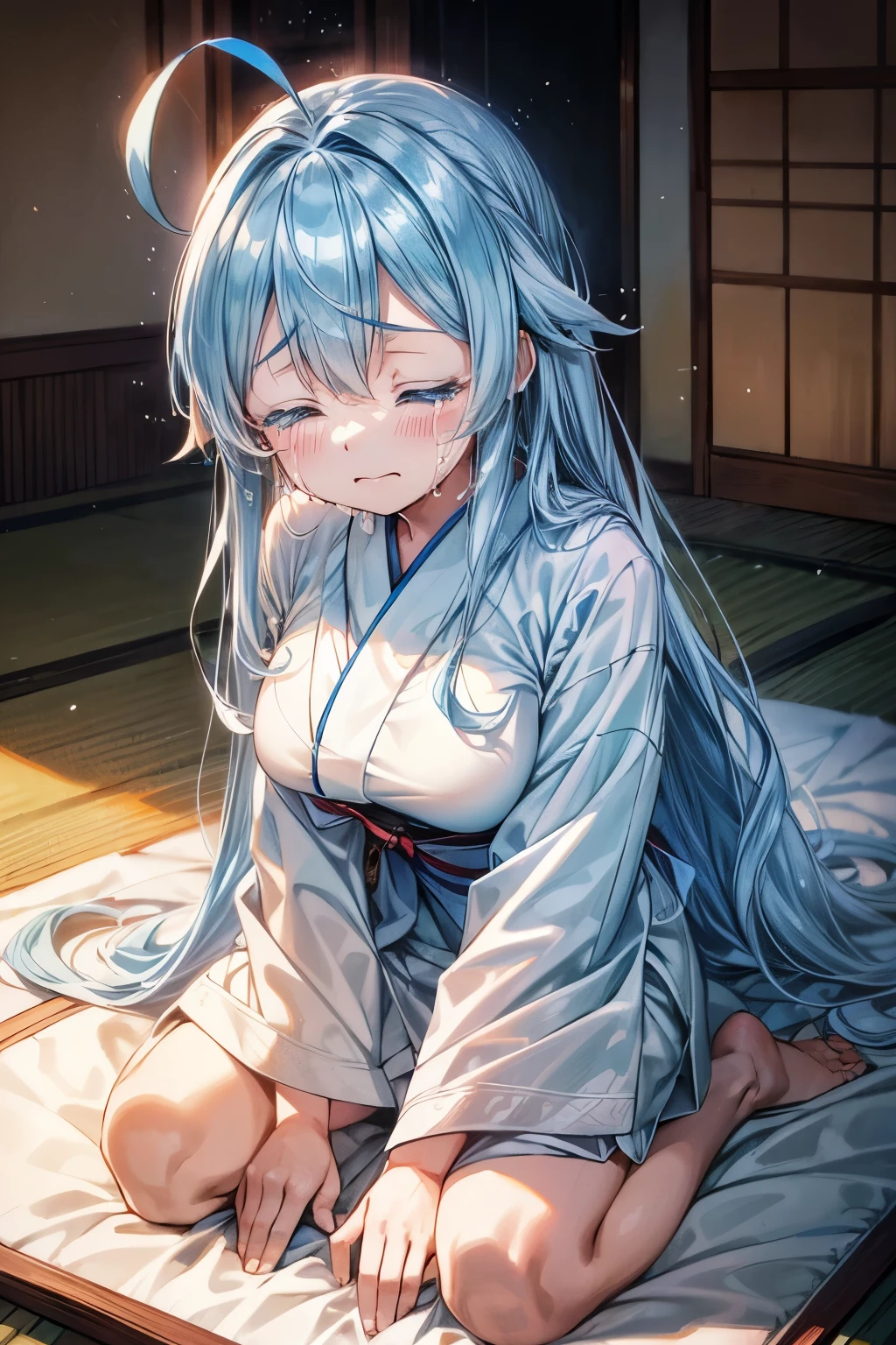 in tatami room, 1girl, (light blue long hair, ahoge), closed eyes, wavy mouth, crying, (tears,) white skin, (simple white Kimono:1.2), large breasts, kneeling, hands on front,