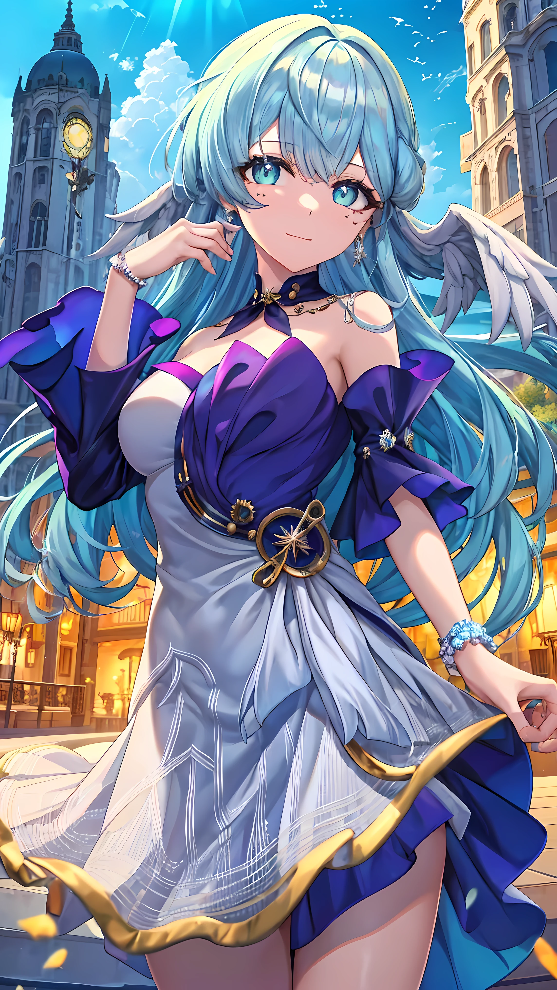 Robin, One girl, (Blue Hair:1.0), Exposing shoulders, Hello, White gloves, Earrings, White Dress, Strapless Dress, ((Wings on the head)),, Purple Dress, Removable sleeves, clavicle,, ((masterpiece,highest quality)), Super detailed, Shine, Shine, Ray Tracing, (Perfect Face, Detailed face, Fine grain, Perfect hands, Perfect Fingers:1.5), hd, Super cute face, highest quality, Super detailed, Shine eyes highest quality realistic illustration）,（Super fine）,（Cute illustrations：1.3）,（High chroma：1.5）,Beautiful detailed face and eyes,Highly detailed background,Dynamic lighting,（Very delicate and beautiful）,（Nice hands） ,Perfect hands:1.4),(Proper Posture),(Proper Configuration),Ideal body proportions, Highly detailed illustration, Super cute and beautiful, highest quality,, looking at viewer, (Cowboy Shot:1.5), smile,Composition from below, Thigh Focus, sexy,, Ocean, Gang Street, (European-style architecture:1.5), (Complex background, There are many elements in the background:1.2),((Super detailed background)),
