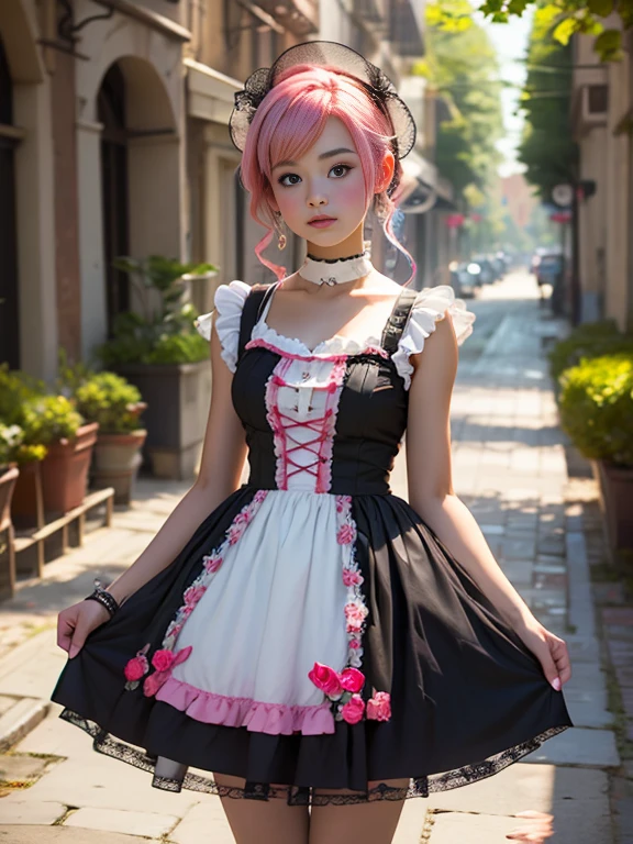 Cute super delicate girl in a ta dress with pink hair. Calidad de imagen ultraalta de 8K, textura delicada, fondo blanco puro.