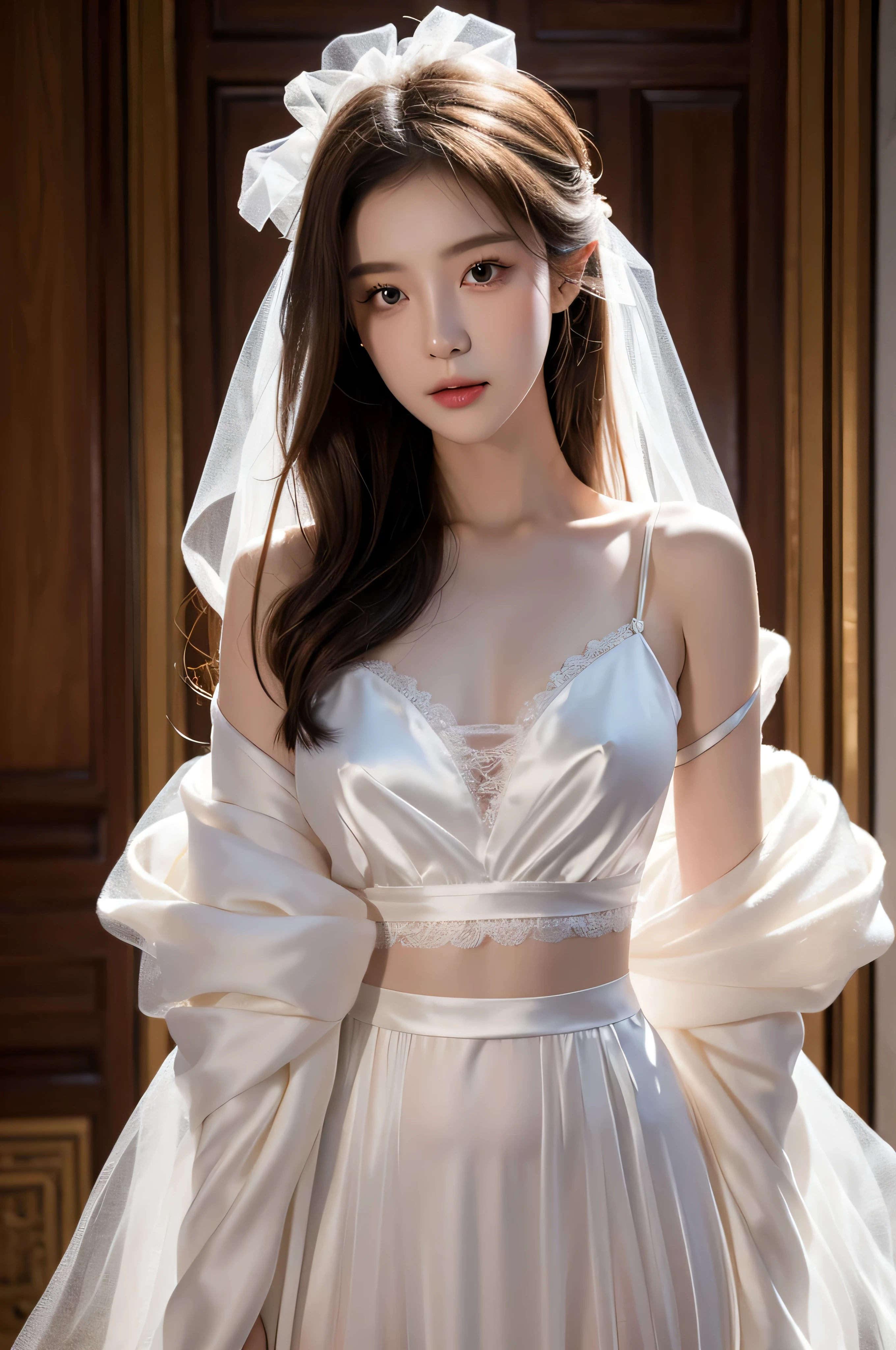 Fair, masterpiece, best quality, Extremely detailed face,1 girl, Solitary，Chest wrap，Colorless silk tulle，whole body