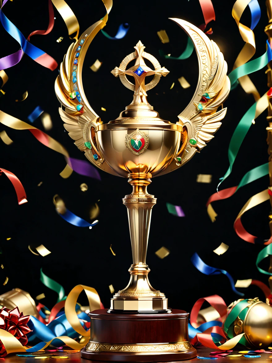 Golden trophies, (A big one, shining, Golden trophies,Exquisite details and carvings),Looks expensive,Highly polished surface,Shimmering under the lights,Exudes a soft glow,Shows incredible craftsmanship and attention to detail,Standing on solid foundation,Grasping the essence of victory and achievement,With ornate handles and decorative base,The highest quality materials,Meticulously crafted，Superb craftsmanship,Awarded to the champion, Symbol of victory and success,A symbol of excellence and diligence,Inspiring and prestigious,Create a sense of awe and admiration,Colorful confetti and streamers in the background,Festive atmosphere,Full of sense of achievement and pride,The smooth surface reflects the surrounding environment,Focus on capturing your audience’s attention,Perfect balance and proportion,Beautifully made，Enduring,Convey a sense of majesty and ambition,Proof of Dedication and Skill,Can evoke a variety of emotions,From admiration to motivation and determination,Emphasize the importance of achieving your goals,A vivid re-creation of the golden age of victory.