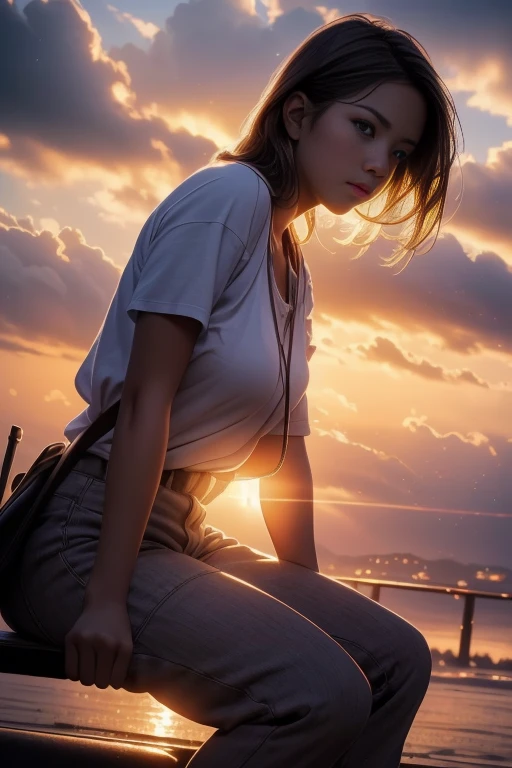 (8k, RAW photo, best quality, masterpiece:1.2),(realistic, photo-realistic:1.37), ((best quality)), ultra high res,extremely detailed CG unity 8k wallpaper, physically-based rendering,cinematic lighting,full body, (bokeh:1.4), (1boy), sit, watch sunset, warm sunset, beautiful sky, cloudy, airplane trails, view from far, from below