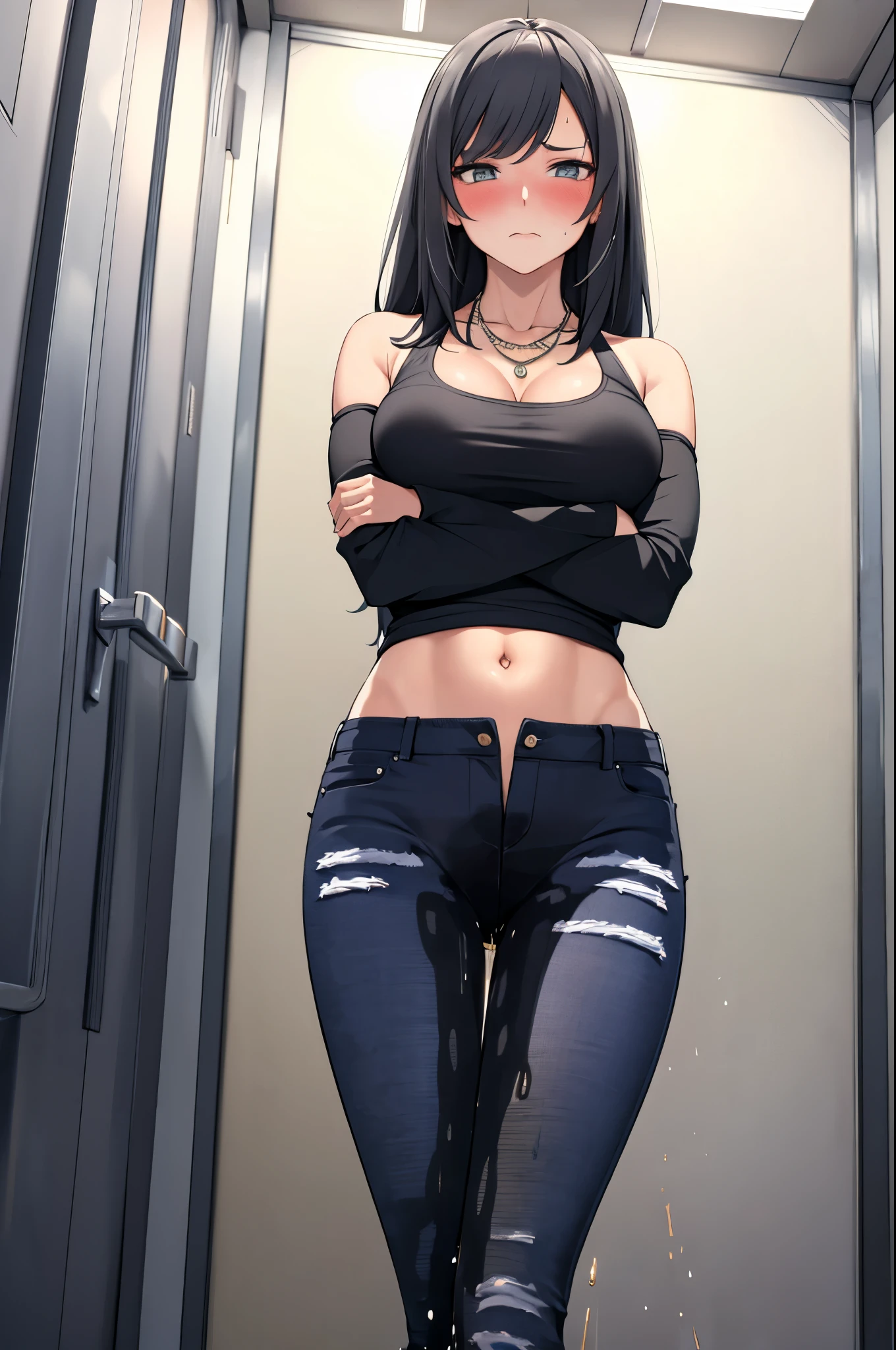 A woman with very long black hair and (very long bangs:1.5), topless and wearing tight jeans, standing. The artwork is inspired by manga and incorporates a doujin style. The woman appears to be (wetting herself:1.5), which causes her to feel embarrassed and humiliated, resulting in a blush on her face. In addition, there is an air of anger in her expression. The lighting in the scene is moody, with a spotlight highlighting the woman's figure. She is crossing her arms, (arms crossed:1.5), fully showcasing her jeans., large breasts, navel, groin, mound of venus, full body