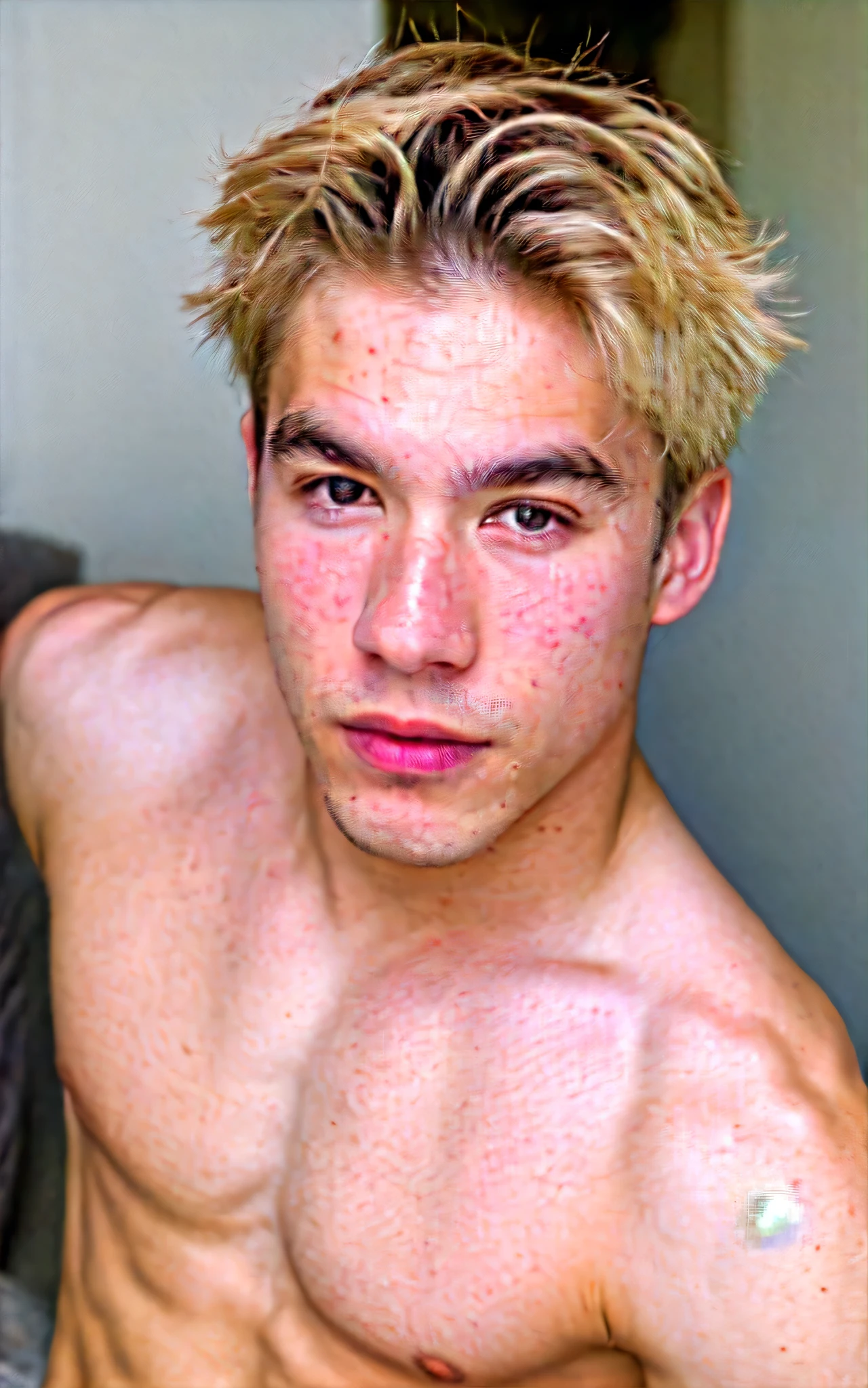 ((1 solo boy)) pale boy, blonde, asian eyes, detailed skin, blushing skin, red nose, eyelids, shirtless, hunk