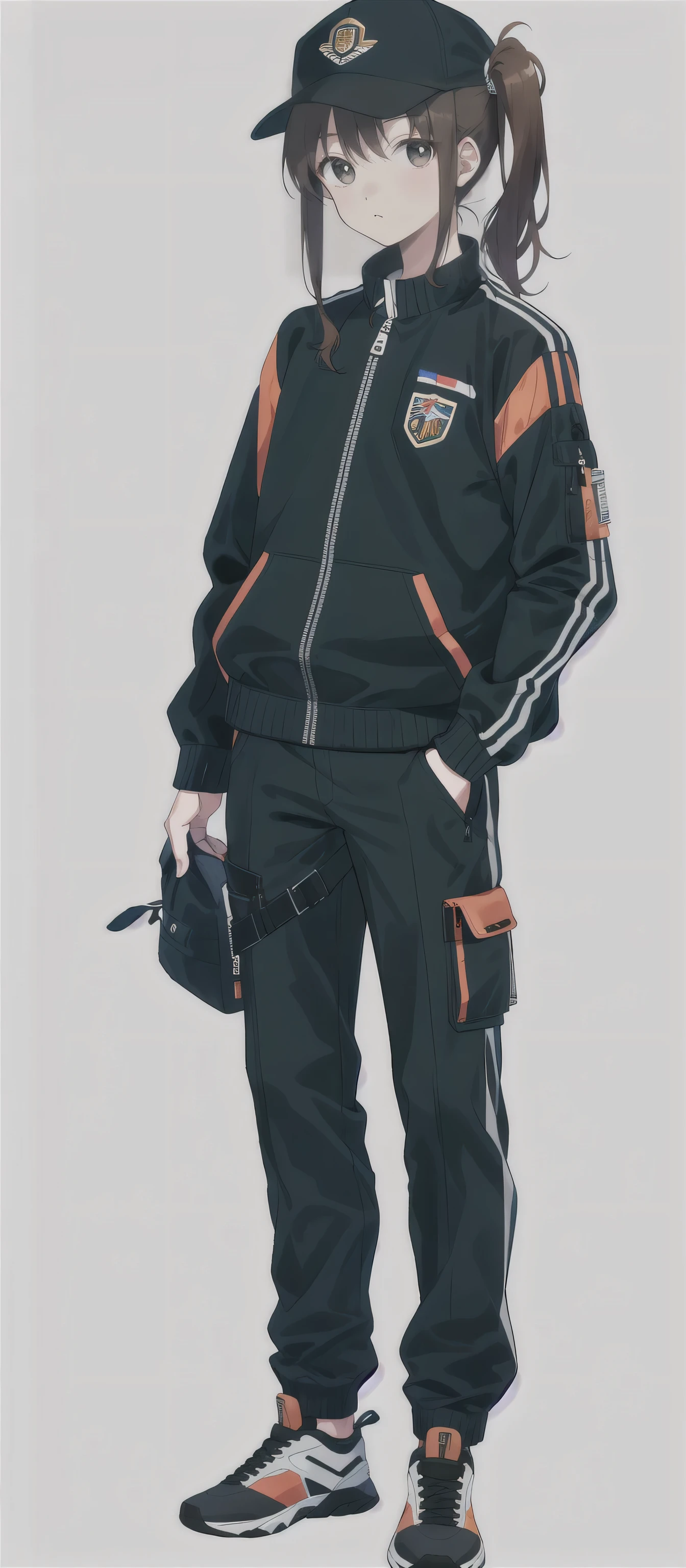 1 mon, 25 years old, full body, Work Cap, jacket, side ponytail, brown hair, full length pants, zip up,
