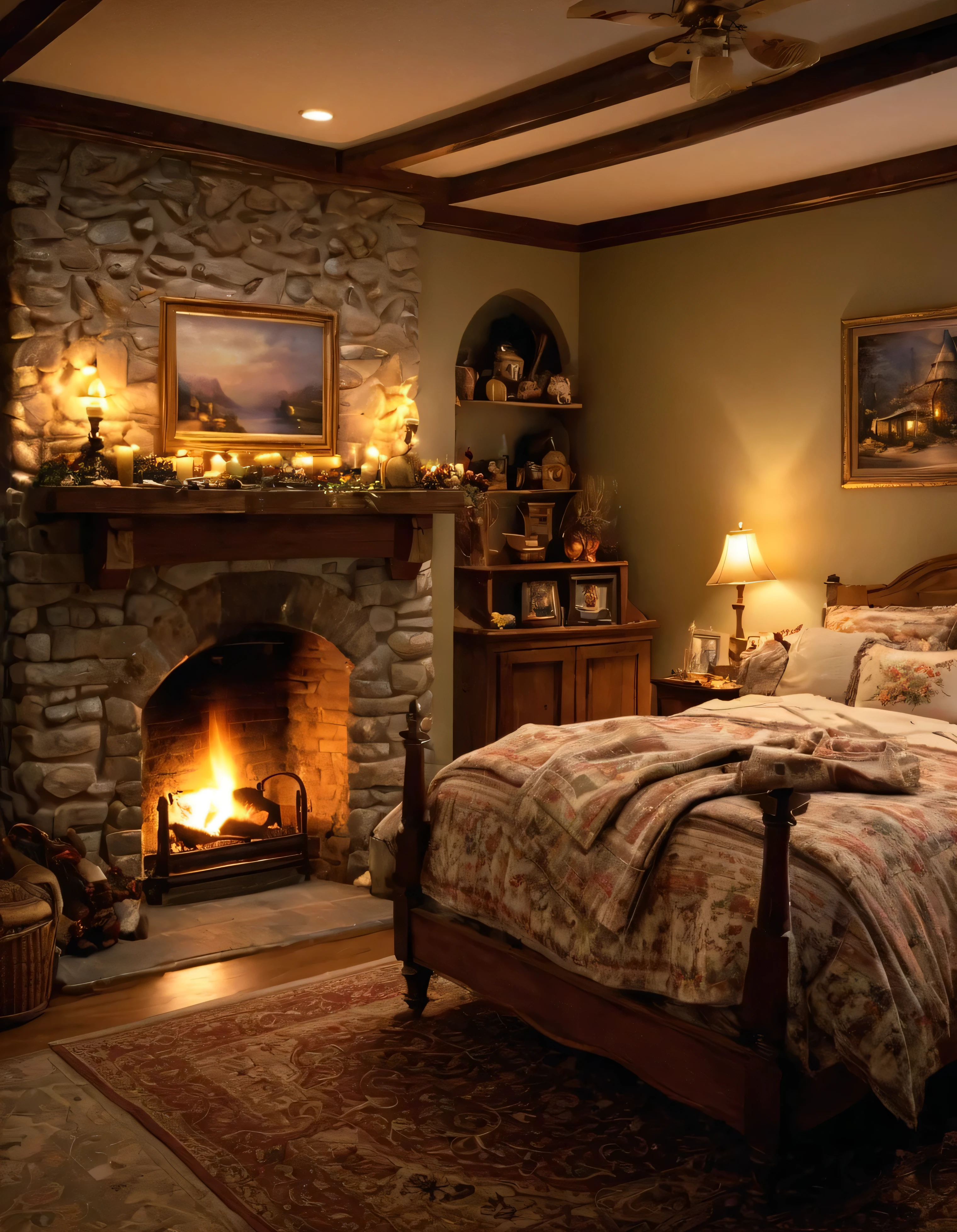 arafed bedroom with a fireplace and a bed with a blanket, thomas kinkade. cute cozy room, cozy and calm, cozy setting, very cozy, cozy wallpaper, cozy room, cozy place, cozy and peaceful atmosphere, cosy enchanted scene, cozy candlelight, cozy environment, cozy bed, soothing and cozy landscape, cozy atmosphere, cosy fireplace