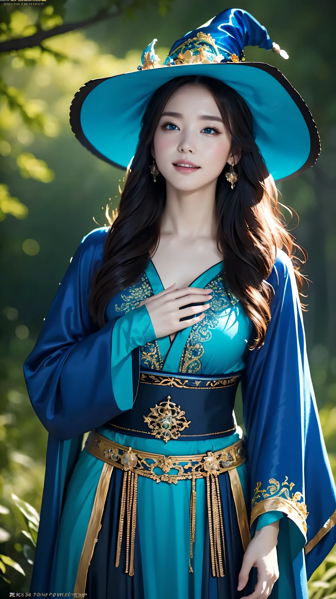 highest quality,High resolution,(Realistic:1.37),Digital Painting,magician,Beautiful fine details,Beautiful lip detail,Long hair blowing in the wind,Magical forest background,Mysterious atmosphere,Vibrant colors,Dark and mysterious lighting,Magic spells,Glowing magic crystals,Blue Costume,Merging Classical Chinese Dress into an Ornate Robe,Witch Hat,Magic wand,Glowing Rune,holographic effect,magician in the moonlight,Heavenly Beauty,Seductive pose,2. Magical Creatures,Fantasy art,Concept Artist,+4K,Bokeh, Laughing happily, Staring at the audience