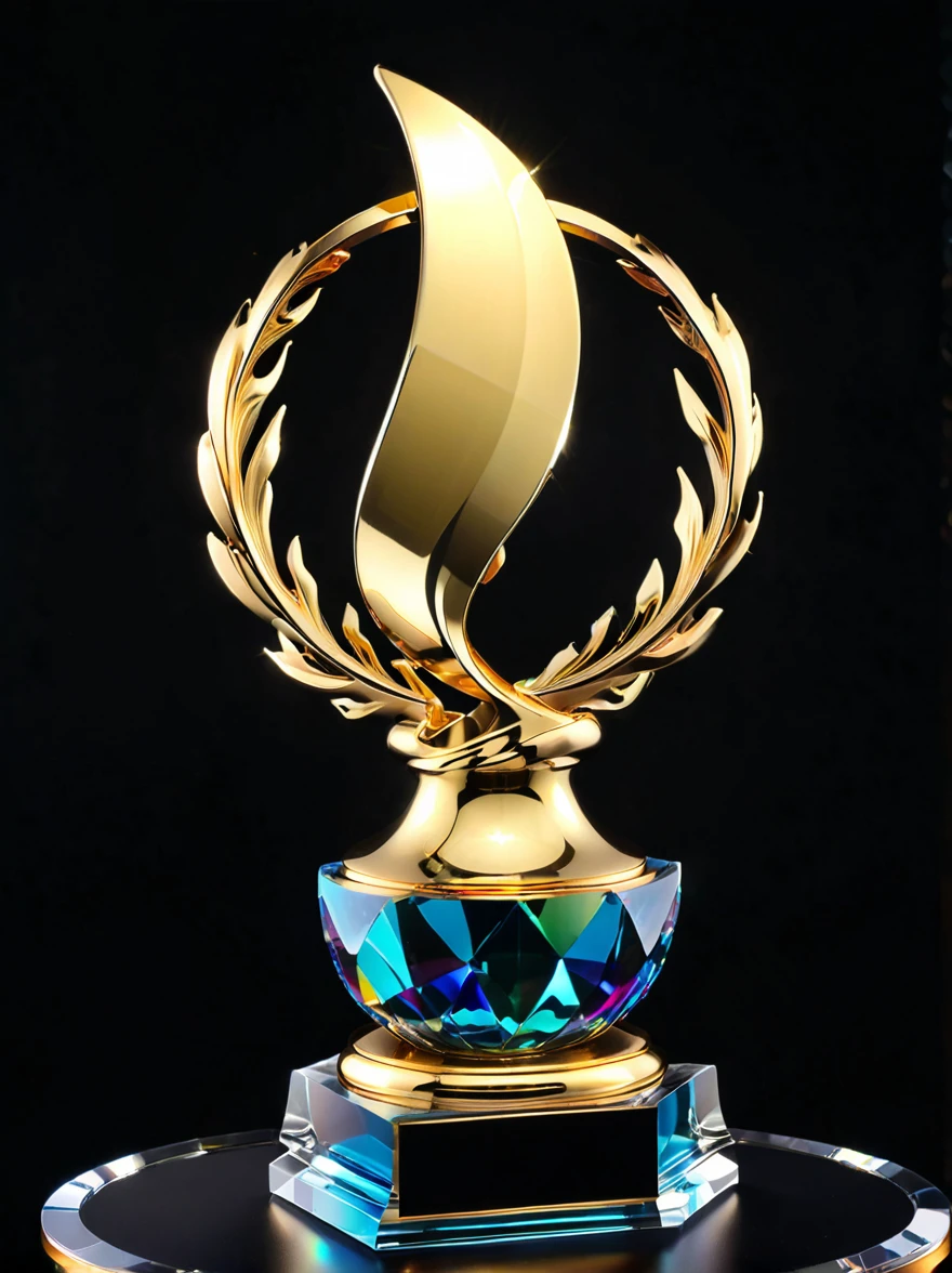 best quality, very good, 16K, Golden trophies, Shiny gold plated, Twisted, Luxurious and cool design, Displayed on a rainbow crystal base, Background translucent black room, Light Up