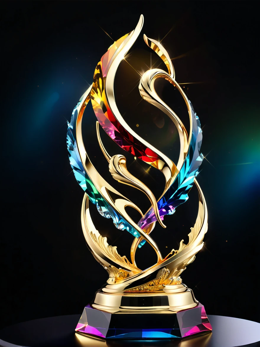 best quality, very good, 16K, Golden trophies, Shiny gold plated, Twisted, Luxurious and cool design, Displayed on a rainbow crystal base, Background translucent black room, Light Up