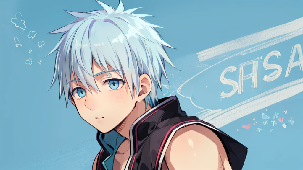 ((highest quality, super detailed,detailed eyes:1.3)),(((total 1 boy:1.2))),cool face,light blue hair,short,hair,light blue eyes,kuroko tetsuya,(basketball uniform:1.2),(aqua blue aura background:1.2),(from side,portrait,face focus,looking for viewer:1.1)