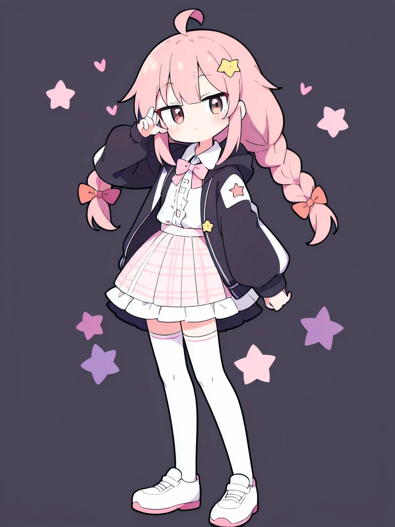 highres 1girl ahoge bobby_pin bow bowtie braid brown_eyes collared_shirt dojikko_pose frilled_shirt frilled_shirt_collar frilled_skirt frills hair_bow hair_ornament hairpin hand_on_own_head heart heart_hair_ornament hood hooded_jacket jacket long_hair one_eye_closed pentagram pink_hair plaid plaid_bow plaid_skirt pleated_skirt shirt shoelaces shoes simple_background standing skirt solo star_(symbol) twin_braids wariza white_background white_thighhighs, full body