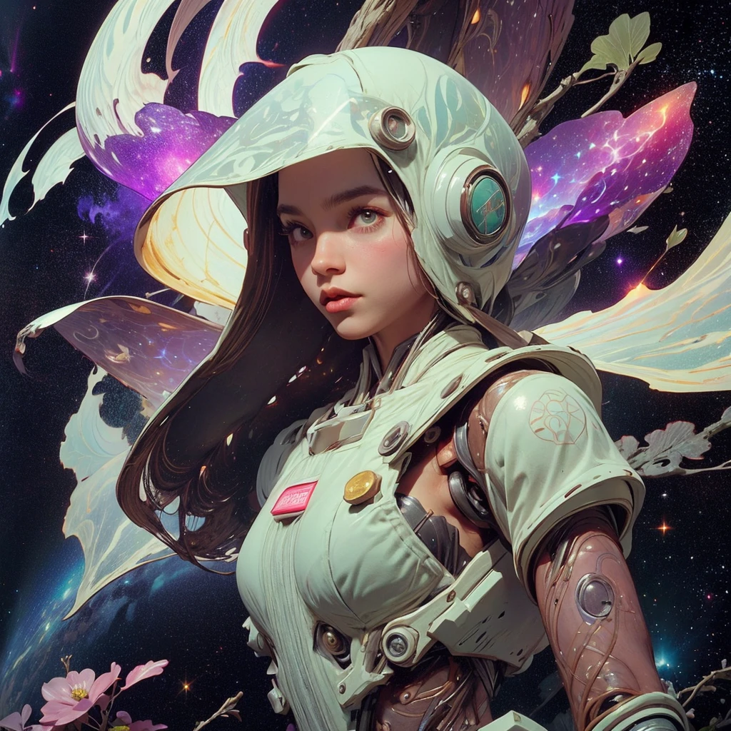 there is a screenshot of a woman in a space suit, cosmic girl, event, cosmic entity, incrinate content details, endless cosmos in the background, historical event, real event, astral background, cosmic background, cosmic goddess, cyborg goddess in cosmos, celestial cosmos, game interface, violet battlefield theme, cosmic style, hyperdetailed content, background details