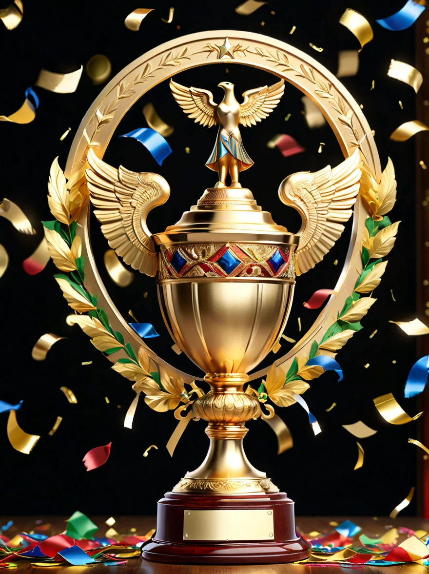 Golden trophies, (A big one, shining, Golden trophies,Exquisite details and carvings),Looks expensive,Highly polished surface,Shimmering under the lights,Exudes a soft glow,Shows incredible craftsmanship and attention to detail,Standing on solid foundation,Grasping the essence of victory and achievement,With ornate handles and decorative base,The highest quality materials,Meticulously crafted,Superb craftsmanship,Awarded to the champion, Symbol of victory and success,A symbol of excellence and diligence,Inspiring and prestigious,Create a sense of awe and admiration,Colorful confetti and streamers in the background,Festive atmosphere,Full of sense of achievement and pride,The smooth surface reflects the surrounding environment,Focus on capturing your audience’s attention,Perfect balance and proportion,Beautifully made,Enduring,Convey a sense of majesty and ambition,Proof of Dedication and Skill,Can evoke a variety of emotions,From admiration to motivation and determination,Emphasize the importance of achieving your goals,A vivid re-creation of the golden age of victory.