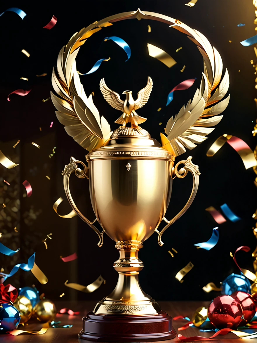Golden trophies, (A big one, shining, Golden trophies,Exquisite details and carvings),Looks expensive,Highly polished surface,Shimmering under the lights,Exudes a soft glow,Shows incredible craftsmanship and attention to detail,Standing on solid foundation,Grasping the essence of victory and achievement,With ornate handles and decorative base,The highest quality materials,Meticulously crafted，Superb craftsmanship,Awarded to the champion, Symbol of victory and success,A symbol of excellence and diligence,Inspiring and prestigious,Create a sense of awe and admiration,Colorful confetti and streamers in the background,Festive atmosphere,Full of sense of achievement and pride,The smooth surface reflects the surrounding environment,Focus on capturing your audience’s attention,Perfect balance and proportion,Beautifully made，Enduring,Convey a sense of majesty and ambition,Proof of Dedication and Skill,Can evoke a variety of emotions,From admiration to motivation and determination,Emphasize the importance of achieving your goals,A vivid re-creation of the golden age of victory.