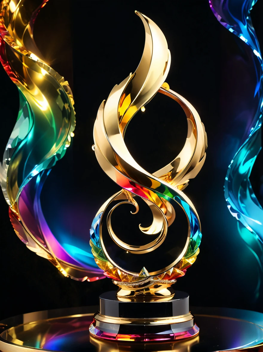 best quality, very good, 16K, Golden trophies, Shiny gold plated, Twisted, Luxurious and cool design, Displayed on a rainbow crystal base, Background translucent black room, Light Up