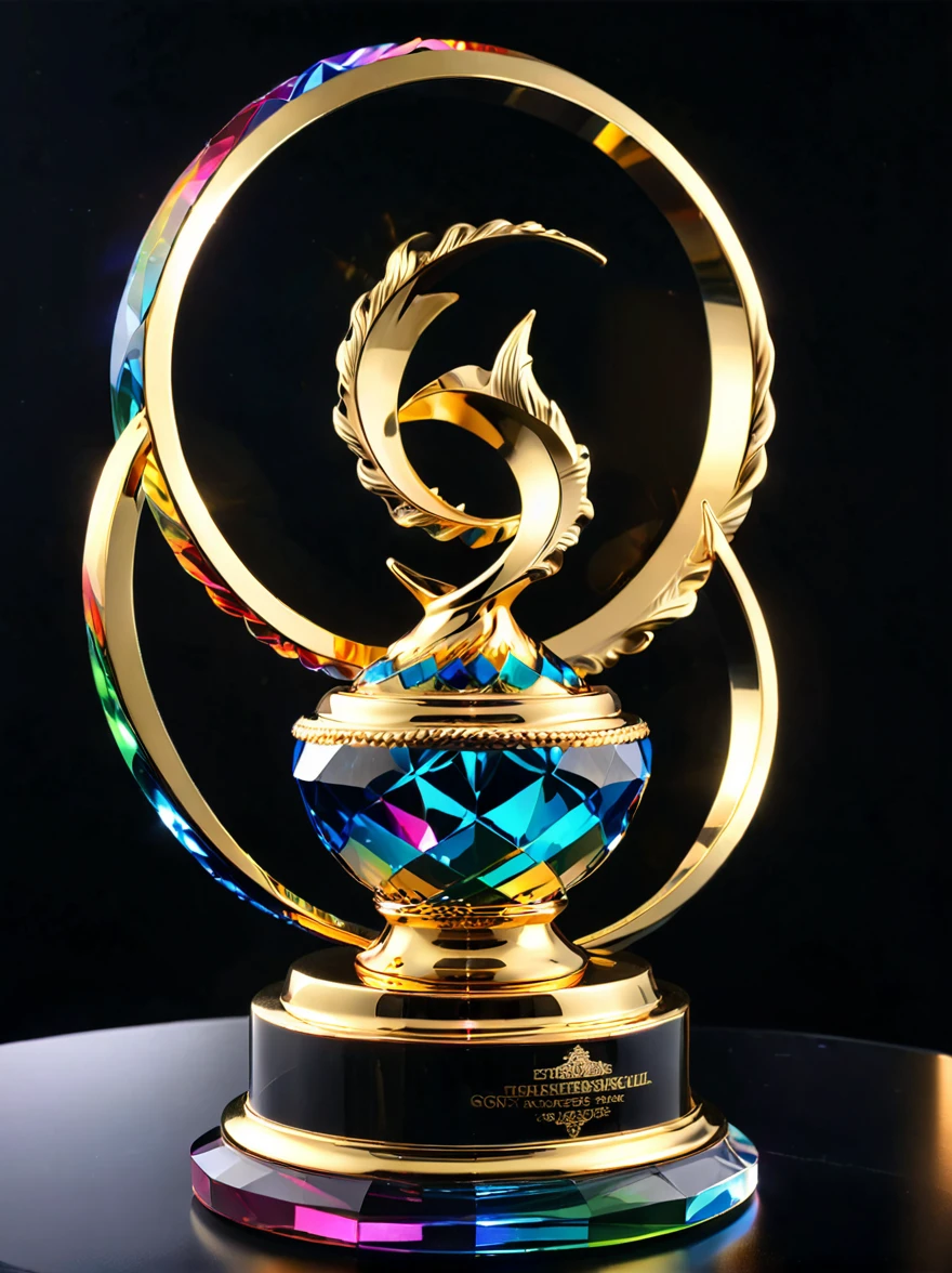best quality, very good, 16K, Golden trophies, Shiny gold plated, Twisted, Luxurious and cool design, Displayed on a rainbow crystal base, Background translucent black room, Light Up