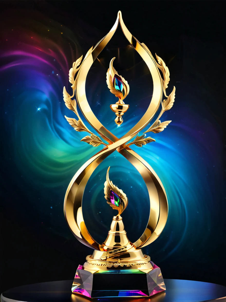 best quality, very good, 16K, Golden trophies, Shiny gold plated, Twisted, Luxurious and cool design, Displayed on a rainbow crystal base, Background translucent black room, Light Up