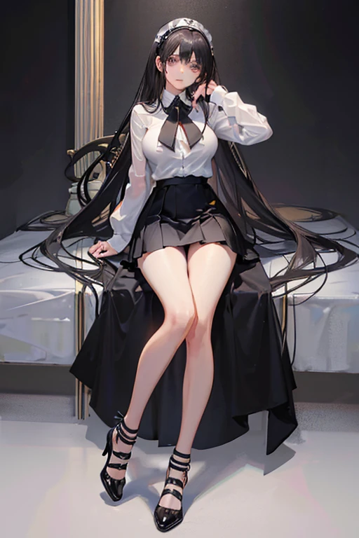 Italian girl, very long loose black hair, super mega gigantic breasts, torn white shirt, pleated black miniskirt, elegant shoes, slave's pussy, breasts tied together