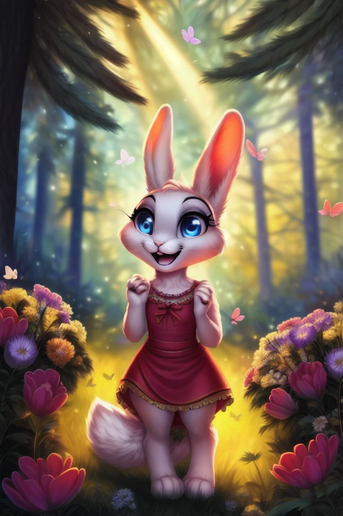 zoomed out image, ((solo character)), cute style art, fantasy style art, cute, adorable, short character, small, tiny little fluffy female white bunny with blue eyes, 4 ears, 2 extra ears, big floppy ears, long ears, ears perked up, raised ears, long eyelashes, poofy rabbit tail, wearing a red frilly ribbon dress, smiling, standing in a thick green forest, realistic forest, soft tones, big expressive smile, open mouth, wide eyes, excited eyes, excited face, looking at the scenery, looking at the trees in wonder, exploring happily, stunning visuals, sunlight coming through the trees, flowers scattered in the bushes, butterflies in the air, digital illustration