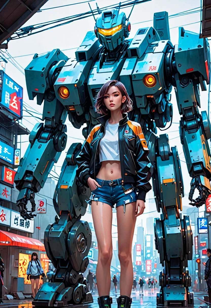 Beautiful young woman in short shorts and jacket standing next to giant robot, artwork in the style of guweiz, cyberpunk anime girl mech, trending on cgstation, guweiz, by Russell Dongjun Lu, digital cyberpunk anime art, ross tran 8 k, guweiz on artstation pixiv, girl in mecha cyber armor
