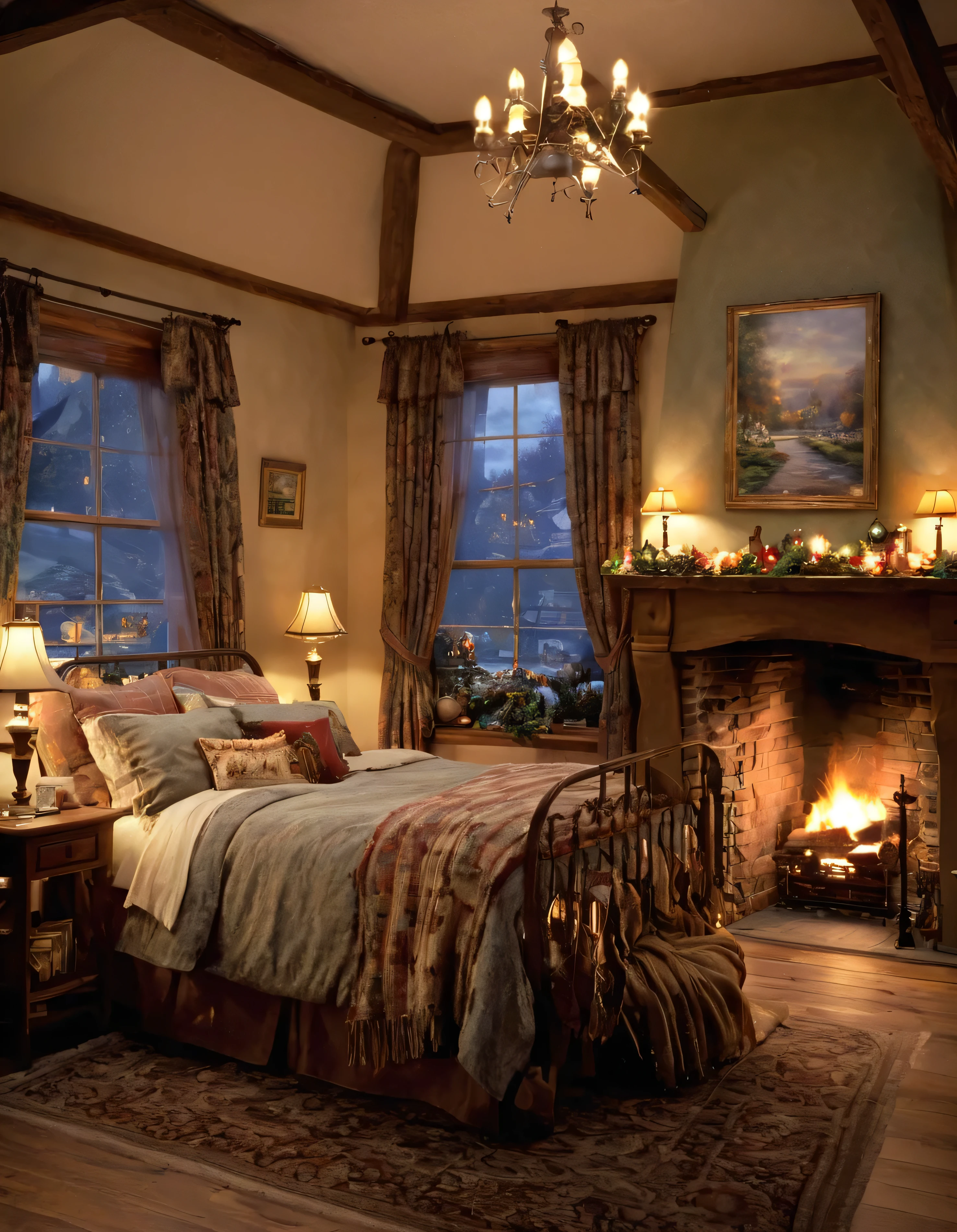 arafed bedroom with a fireplace and a bed with a blanket, thomas kinkade. cute cozy room, cozy and calm, cozy setting, very cozy, cozy wallpaper, cozy room, cozy place, cozy and peaceful atmosphere, cosy enchanted scene, cozy candlelight, cozy environment, cozy bed, soothing and cozy landscape, cozy atmosphere, cosy fireplace