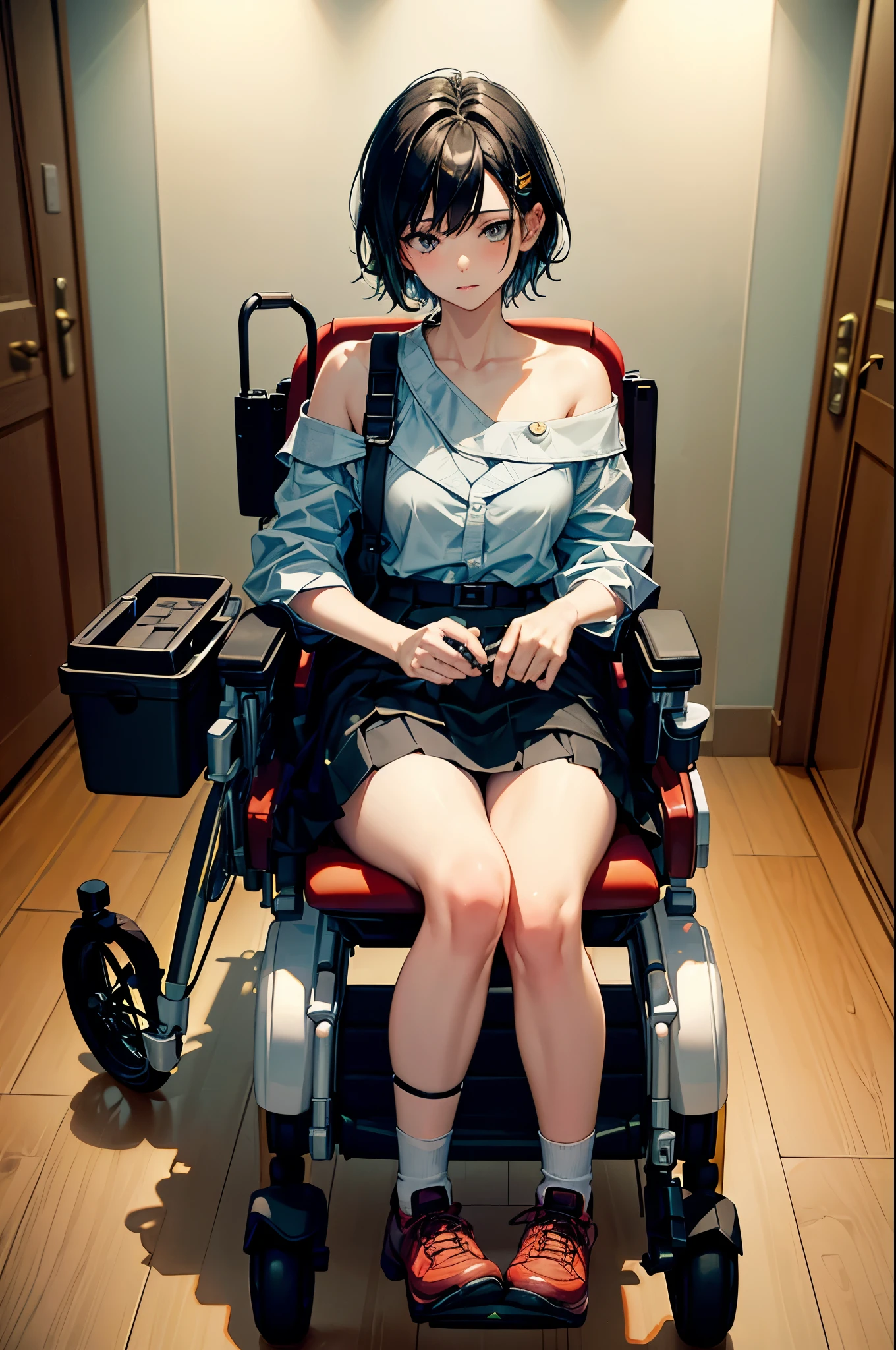 (Super detailed, realistic), hospital scene, [Moderately:Oil], [Professional:1.1], [Physically based rendering], [bright colors], [sharp focus], [studio lighting], [extreme details], [highest quality,4k,8K,High resolution,masterpiece:1.2],(full body),inside the house,inside the room,One 18-year-old boy,femboy,trap,(short black hair),(dark), [nervous eyes],(casual ladies fashion,off shoulder,skirt,socks,),((ride in an electric wheelchair)),((operate a power wheelchair))