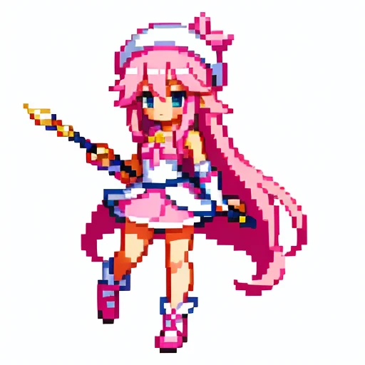 Pixel art, 6-life, full body, facing left, pink and white, holding a spear, magical girl, beret, long hair, Loose and fluffy , showing shoulders