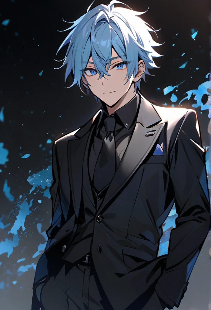 Handsome, solo, 1 man, light blue hair, dark blue eyes, side smile, 28 years old youn man, black uniform suit