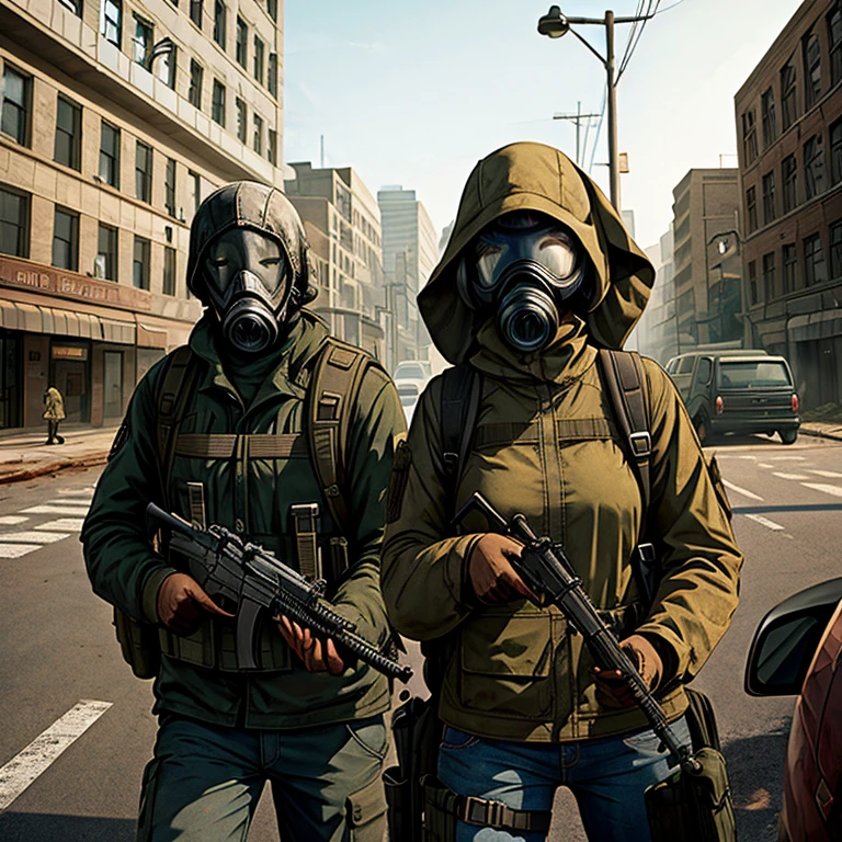 Man holding shotgun and woman holding rifle wearing backpacks and gasmasks in a zombie apocalypse city 