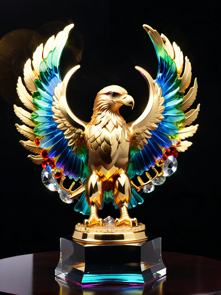 best quality, very good, 16K, Golden trophies, Shiny gold plated, Twisted, Luxurious and cool eagle shape, Displayed on a rainbow crystal base, Background translucent black room, Light Up