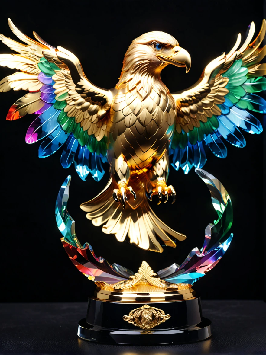 best quality, very good, 16K, Golden trophies, Shiny gold plated, Twisted, Luxurious and cool eagle shape, Displayed on a rainbow crystal base, Background translucent black room, Light Up