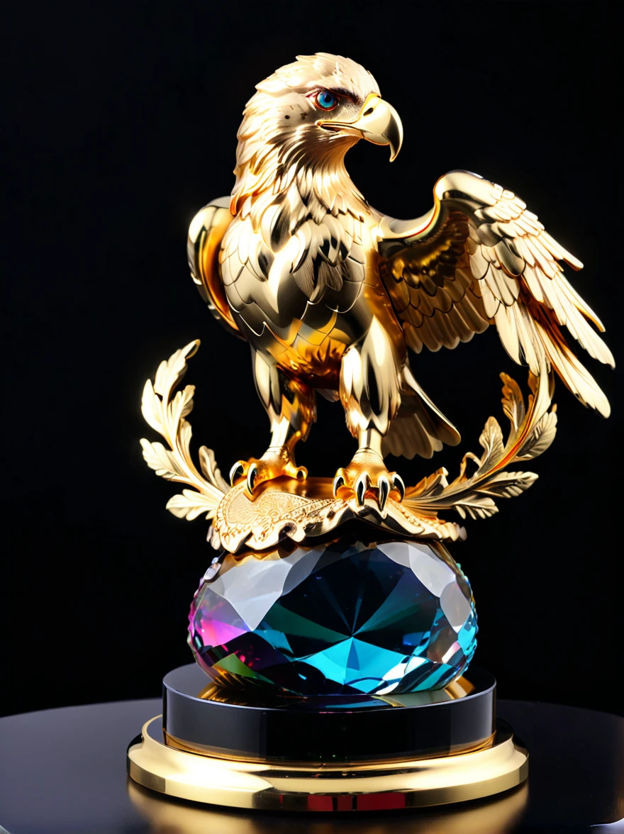 best quality, very good, 16K, Golden trophies, Shiny gold plated, Twisted, Luxurious and cool eagle shape, Displayed on a rainbow crystal base, Background translucent black room, Light Up