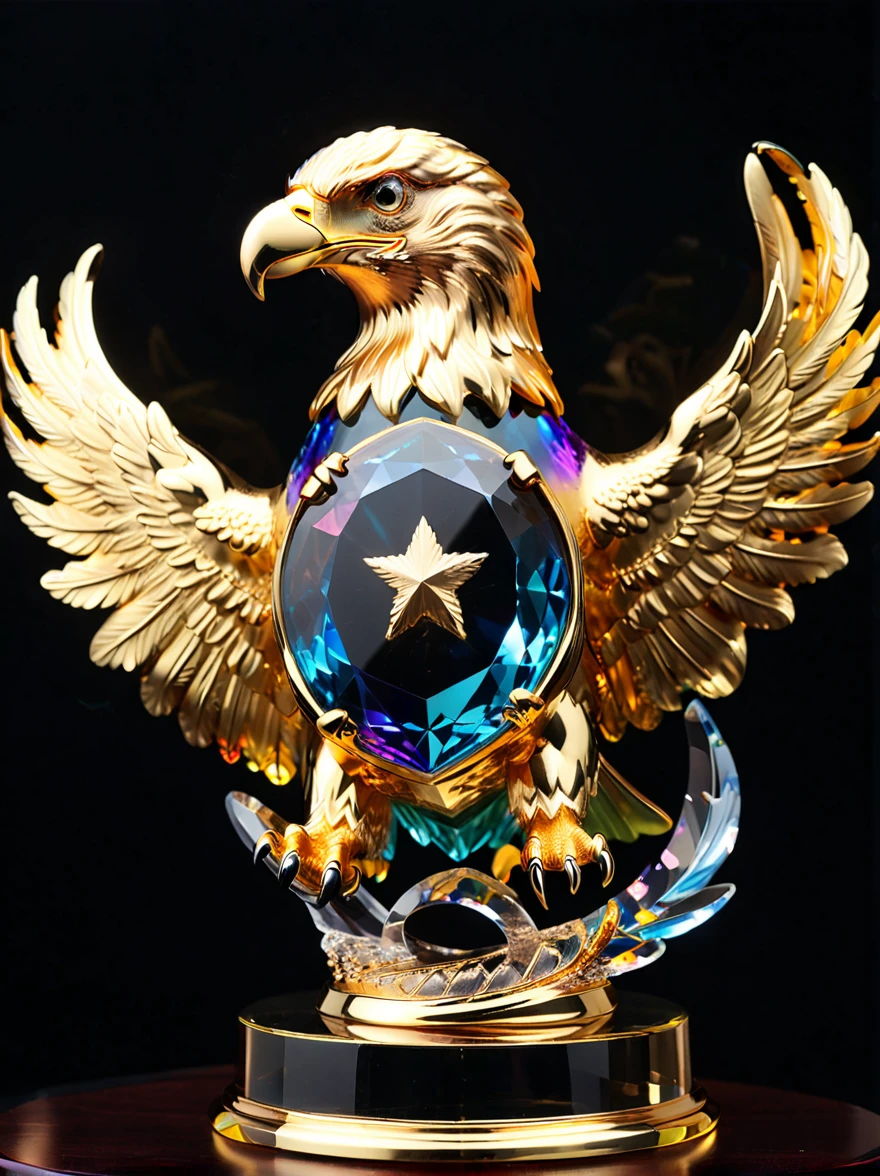 best quality, very good, 16K, Golden trophies, Shiny gold plated, Twisted, Luxurious and cool eagle shape, Displayed on a rainbow crystal base, Background translucent black room, Light Up