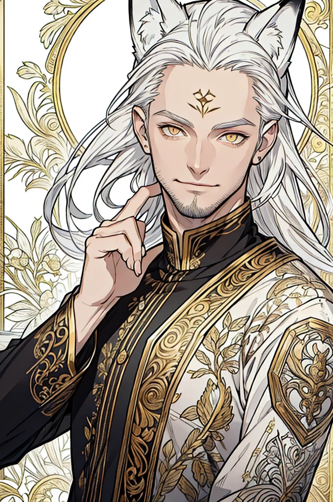 (masterpiece),(Very detailed),(Very detailed),(best quality) one mature male, fox ears, white hair, ((golden eyes)), tall, fantasy clothes, beautiful face, tatoo forehead, animated style, perfect face, highest detail, stubble, detailed face, clothes, intricate details, fantasy background, softsmile 1:2, solo,
