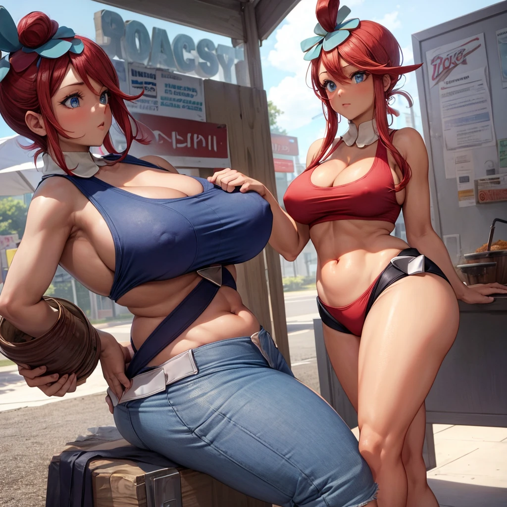 A woman in a tank top and full-zip shorts making salsa sauce at a taco stand Jeans have belts Belly button piercing There are side slits Big butt Detail the buttocks Detailing the groin area Up to the thighs High leg Swirl Eyes