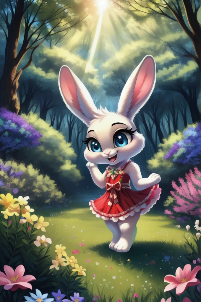 zoomed out image, ((solo character)), cute style art, fantasy style art, cute, adorable, short character, small, tiny little fluffy female white bunny with blue eyes, 4 ears, 2 extra ears, big floppy ears, long ears, ears perked up, raised ears, long eyelashes, poofy rabbit tail, wearing a red frilly ribbon dress, smiling, standing in a thick green forest, realistic forest, soft tones, big expressive smile, open mouth, wide eyes, excited eyes, excited face, looking at the scenery, looking at the trees in wonder, exploring happily, stunning visuals, sunlight coming through the trees, flowers scattered in the bushes, butterflies in the air, digital illustration
