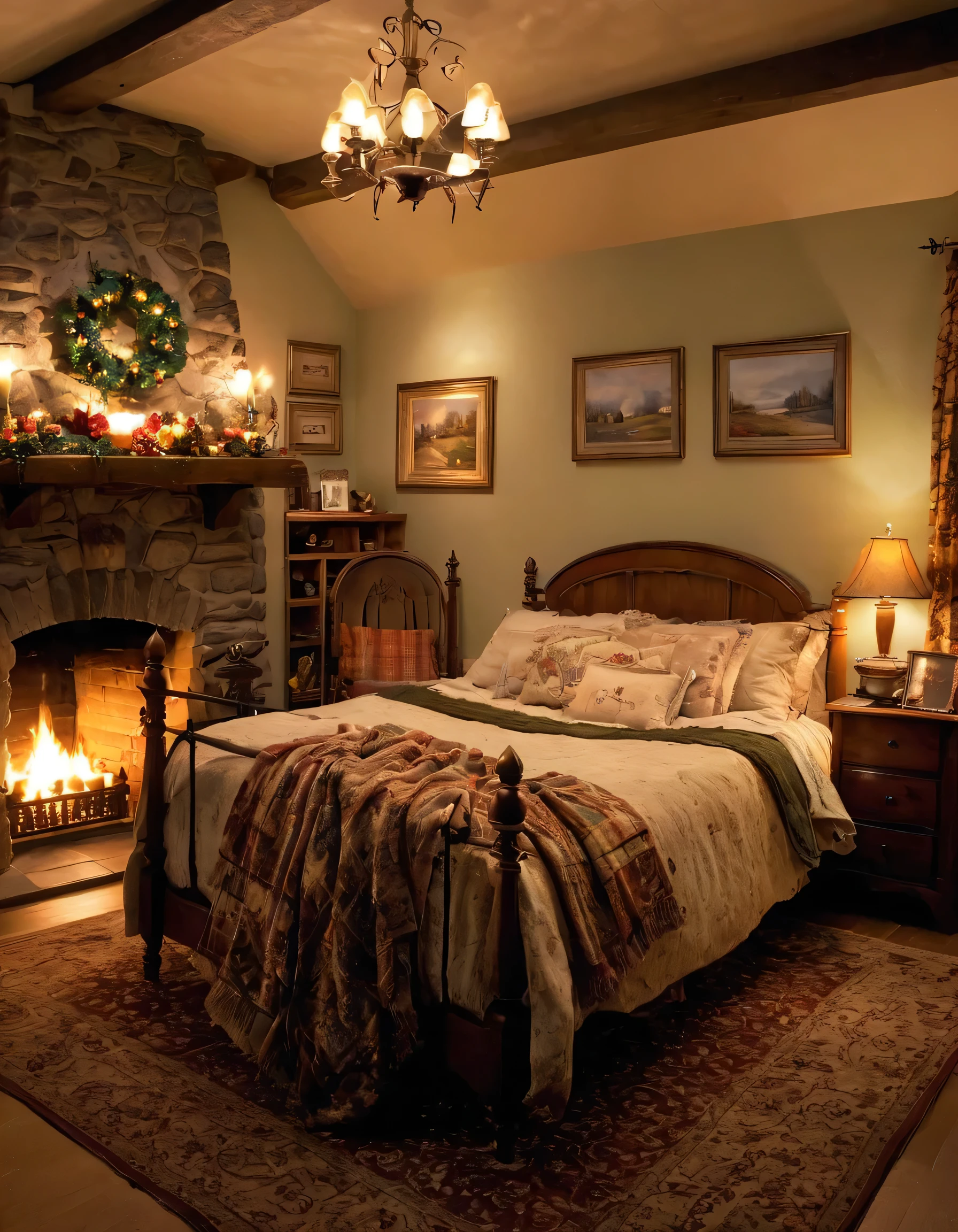 arafed bedroom with a fireplace and a bed with a blanket, thomas kinkade. cute cozy room, cozy and calm, cozy setting, very cozy, cozy wallpaper, cozy room, cozy place, cozy and peaceful atmosphere, cosy enchanted scene, cozy candlelight, cozy environment, cozy bed, soothing and cozy landscape, cozy atmosphere, cosy fireplace