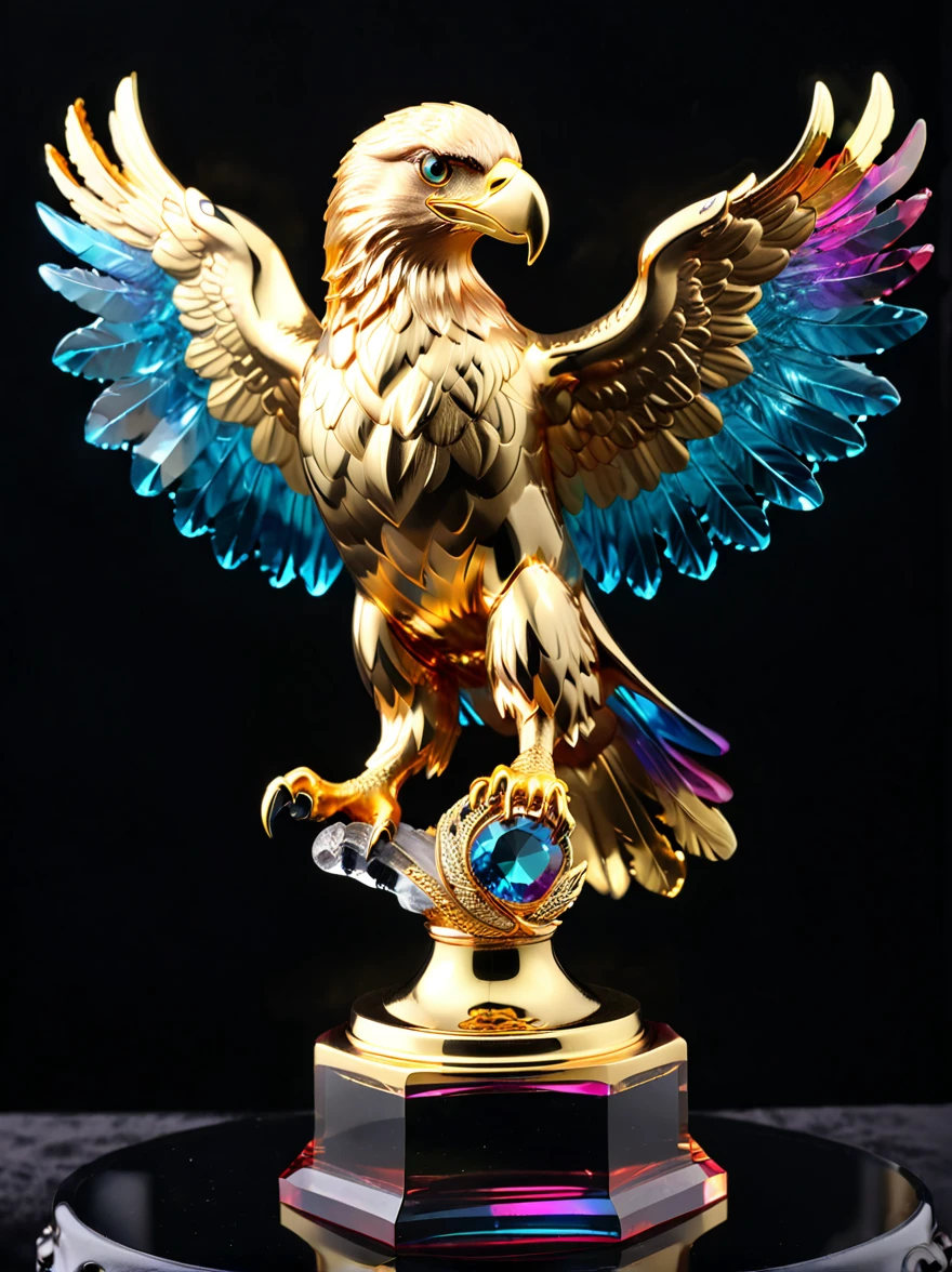 best quality, very good, 16K, Golden trophies, Shiny gold plated, Twisted, Luxurious and cool eagle shape, Displayed on a rainbow crystal base, Background translucent black room, Light Up