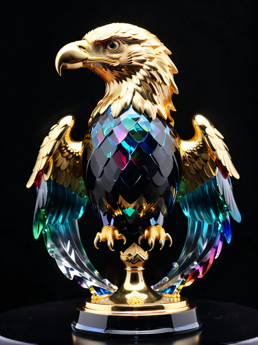 best quality, very good, 16K, Golden trophies, Shiny gold plated, Twisted, Luxurious and cool eagle shape, Displayed on a rainbow crystal base, Background translucent black room, Light Up