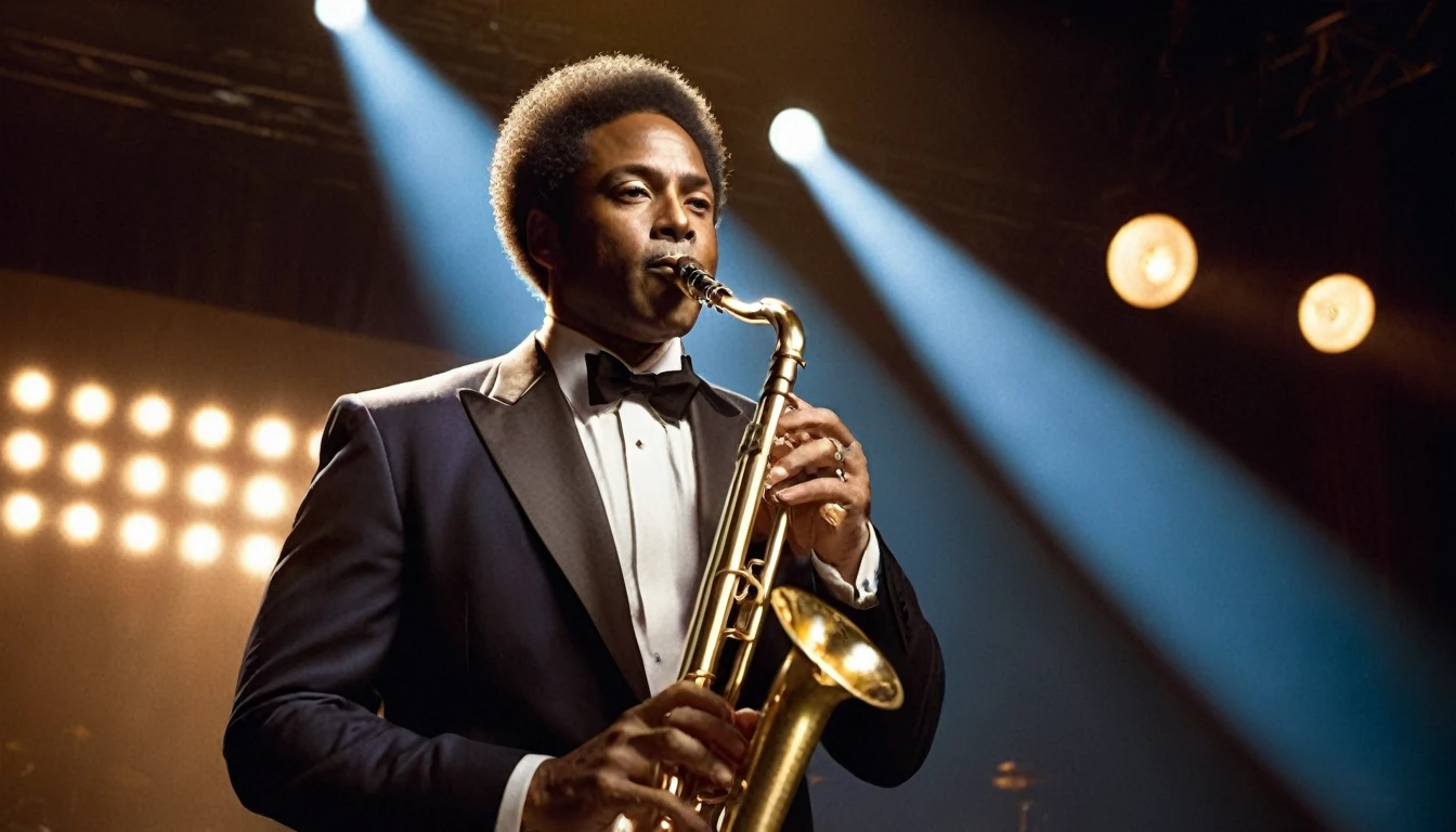 Award - winning photograph, Masterpiece, an 50 years old afro american jazz musician playing trumpet standing on a stage, blue colored stage lights, wearing elegant brown tuxedo, full body shot, slightly high camera angle, wide angle lens , bilateral symmetry , neutral colors , natural lighting , soft front light , backlight on hair , photorealistic, 35mm film, 16k, ultra high res, hyper detailed, vintage filter,sfumato, chiaroscuro, perfect face, rule of thirds, highly detailed hair, ((detailed face)), ((detailed facial features)), (finely detailed skin), intricate details, amazing fine detail, photorealistic, photograph, photorealism, lifelike textures, neutral colors, cinematic lighting, dramatic lighting,dappled light on face, sharp focus, film grain, dslr, raw photo, photographed on Nikon