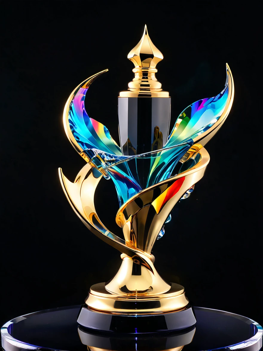 best quality, very good, 16K, Golden trophies, Shiny gold plated, Twisted, Luxurious and cool faucet shape, Displayed on a rainbow crystal base, Background translucent black room, Light Up