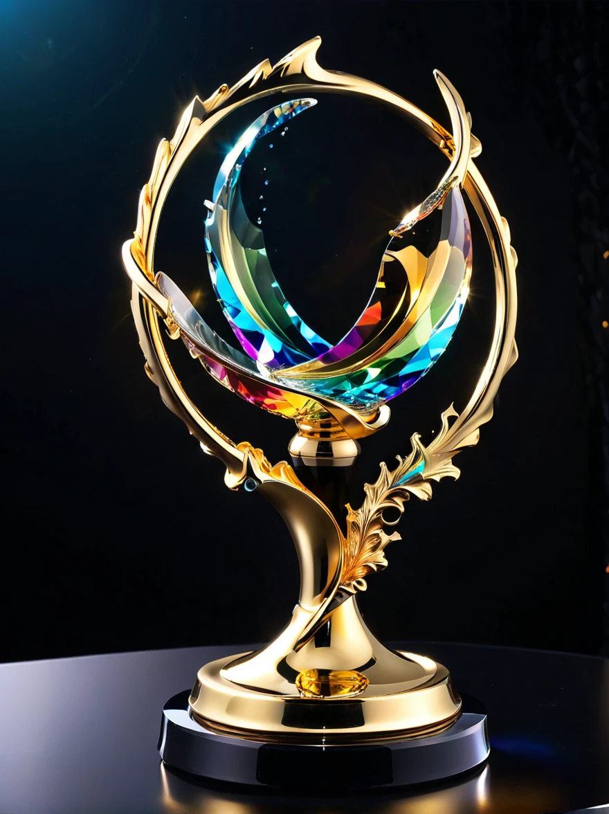best quality, very good, 16K, Golden trophies, Shiny gold plated, Twisted, Luxurious and cool faucet shape, Displayed on a rainbow crystal base, Background translucent black room, Light Up